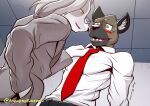  aggressive_retsuko anupap blush brown_body brown_fur canid canine canis clothed clothing director_himuro domestic_dog duo eyewear fur glasses grey_body grey_fur haida hunting_dog hyaenid inner_ear_fluff male mammal necktie saluki sanrio sighthound spotted_hyena tuft 