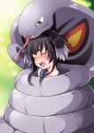 1girl anchor_symbol arbok bangs black_hair blue_sailor_collar blurry blurry_background blush bound closed_eyes commission constriction crossover fangs gradient_hair grey_hair highres imminent_vore kantai_collection mochi_(k620803n) multicolored_hair open_mouth pokemon pokemon_(creature) sailor_collar short_hair_with_long_locks skeb_commission sweat tears tokitsukaze_(kancolle) tongue 