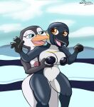  &ntilde; anthro avian beak big_breasts bird breast_grab breasts daison_the_fox female female/female genitals gloria_(happy_feet) hand_on_breast happy_feet hi_res ice lani_aliikai nipples penguin pussy sea water white_body 