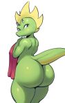  ambiguous_gender anthro big_butt blonde_hair butt dragon green_body green_tail hair hi_res horn looking_back sasha_(digitalpelican) scalie solo sqoon towel 