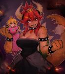  2girls =3 absurdres alternate_color armlet artist_name bare_shoulders black_dress black_nails blonde_hair blue_eyes bowsette bracelet breasts brooch carrying claws cleavage clenched_hand collar crown dark-skinned_female dark_skin dress earrings embers evil_smile eyebrows_visible_through_hair eyelashes fangs fewer_digits fire giant giantess gloves glowing glowing_eyes grin hair_between_eyes hand_on_another&#039;s_shoulder heart highres horns jewelry large_breasts long_hair looking_at_viewer mario_(series) matilda_fiship mini_crown monster_girl multiple_girls nail_polish new_super_mario_bros._u_deluxe outline pink_dress pink_outline ponytail princess_peach puffy_short_sleeves puffy_sleeves red_eyes red_hair scales sharp_teeth short_sleeves simple_background sitting sitting_on_arm smile spiked_armlet spiked_bracelet spiked_collar spiked_shell spiked_tail spikes strapless strapless_dress super_crown sweat tail teeth thick_eyebrows turtle_shell uneven_eyes upper_body v-shaped_eyebrows white_gloves yuri 
