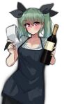  1girl absurdres anchovy_(girls_und_panzer) antyobi0720 apron bangs black_ribbon blue_apron bottle closed_mouth drill_hair eyebrows_visible_through_hair girls_und_panzer green_hair hair_ribbon highres holding holding_bottle holding_notepad holding_pen light_frown long_hair looking_at_viewer notepad pen red_eyes ribbon shirt short_sleeves simple_background sketch solo standing t-shirt twin_drills twintails white_background white_shirt wine_bottle 