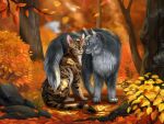  2022 ambiguous_gender blue_eyes day detailed_background digital_media_(artwork) domestic_cat duo felid feline felis feral forest fur grass grey_body grey_fur mammal muns11 outside paws plant tree 