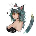  1girl :3 animal_ears blush breasts cat_ears cleavage facial_mark green_hair headpat heart highres large_breasts looking_at_viewer matilda_fiship original simple_background slit_pupils smile solo solo_focus tail whisker_markings white_background yellow_eyes 