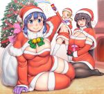  bangs blush breasts character_request christmas cleavage closed_mouth commentary_request eyebrows_visible_through_hair fat_step-sister_(orizen) long_sleeves looking_at_viewer navel original orizen panties plump santa_costume shadow side-tie_panties tareme thick_thighs thighs underwear 