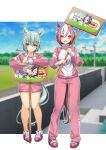  2girls absurdres aliceindollland animal_ears blue_eyes blurry blurry_background blush brown_hair commentary_request full_body gym_uniform hair_ornament highres horse_ears horse_girl horse_tail jacket multiple_girls pants purple_eyes racetrack seiun_sky_(umamusume) shoes short_hair shorts signpost sneakers special_week_(umamusume) tail track_jacket track_suit umamusume 