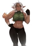  1girl abs absurdres angry blonde_hair clenched_hand clenched_teeth dark-skinned_female dark_elf dark_skin elf english_commentary excessive_pubic_hair female_pubic_hair gradient_hair hand_on_hip hand_up highres looking_at_viewer low_twintails matilda_fiship midriff multicolored_hair muscular muscular_female navel olivia_(matilda_fiship) original pointy_ears pubic_hair pubic_hair_peek simple_background solo teeth twintails v-shaped_eyebrows white_background white_hair wrist_wrap yellow_eyes 