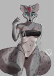 absurd_res anawat anthro breasts brown_body brown_fur clothed clothing felid female fur garter_straps genitals grey_body grey_fur hair hi_res mammal one-piece_swimsuit pantherine pose simple_background solo swimwear 