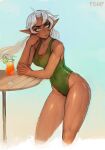  1girl absurdres artist_name breasts cocktail cowboy_shot cup dark-skinned_female dark_skin drinking_glass drinking_straw elbow_rest english_commentary food frown fruit green_swimsuit highleg highleg_swimsuit highres hurricane_glass lime_(fruit) lime_slice long_hair looking_at_viewer matilda_fiship medium_breasts olivia_(matilda_fiship) one-piece_swimsuit original pointy_ears solo swimsuit table thick_eyebrows thighs toned water wet white_hair yellow_eyes 