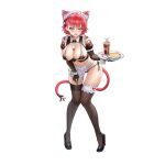  1girl alternate_costume animal_ears bangs bikini black_gloves black_legwear blush breasts cat_ears cat_tail cleavage cleavage_cutout clothing_cutout drink elbow_gloves enmaided fangs food fork full_body garter_straps gloves hair_between_eyes high_heels highres janghwa_(last_origin) large_breasts last_origin looking_at_viewer maid maid_headdress mole mole_under_eye navel necktie official_art open_mouth pie purple_eyes red_hair short_hair solo swimsuit tachi-e tail tattoo thighhighs transparent_background tray 