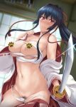  1girl ass_visible_through_thighs bangs bare_shoulders black_hair blush breasts censored censored_nipples cleavage closed_mouth collarbone cowboy_shot dutch_angle eyebrows_visible_through_hair female_pubic_hair frown fundoshi fundoshi_pull groin hair_between_eyes hair_intakes hair_ribbon highres holding holding_sword holding_weapon indoors ishigaki_takashi japanese_clothes katana large_breasts lips long_hair long_sleeves looking_at_viewer midriff miko navel off_shoulder original page_number ponytail pubic_hair red_eyes ribbon sarashi sidelocks solo standing stomach sword tears weapon wide_sleeves 