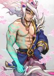  1boy abs absurdres bangs beard clothing_request cloud_print collarbone facial_hair gradient gradient_background grey_hair highres holding holding_sword holding_weapon jewelry league_of_legends long_hair long_sleeves male_focus necklace official_alternate_costume pants ponytail single_bare_shoulder solo spirit_blossom_yasuo sword weapon wei_miao yasuo_(league_of_legends) 