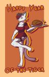  absurd_res anthro chinese_zodiac clothed clothing digital_media_(artwork) felid female food hi_res holding_object maid_uniform mammal muscular muscular_female nokamiwd pantherine simple_background smile solo text thick_thighs tiger uniform year_of_the_tiger 