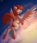  2021 absurd_res anus balls butt capseys collar cutie_mark equid equine fan_character feathered_wings feathers feral flair_(oc) flying genitals hasbro hi_res hooves looking_back male mammal my_little_pony open_mouth pegasus quadruped rear_view solo tan_body tan_feathers tan_wings teeth tongue wings 