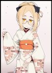  1girl black_ribbon blonde_hair brown-framed_eyewear closed_mouth commentary_request doll_joints egasumi floral_print glasses hair_bun hair_ribbon hand_up highres iberis_(ogami_kazuki) japanese_clothes joints kimono long_sleeves obi ogami_kazuki orange_eyes original pinching_sleeves print_kimono ribbon round_eyewear sash seiza semi-rimless_eyewear sidelocks sitting sleeves_past_wrists solo under-rim_eyewear white_kimono wide_sleeves 