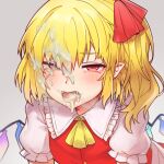  13o 1girl ascot bangs blonde_hair blush crystal cum cum_on_hair eyebrows_visible_through_hair facial fangs flandre_scarlet flat_chest frilled_shirt_collar frills grey_background hair_between_eyes hair_ribbon half-closed_eyes highres leaning_forward looking_at_viewer no_hat no_headwear one_side_up open_mouth pointy_ears puffy_short_sleeves puffy_sleeves red_eyes red_ribbon red_vest ribbon short_hair short_sleeves simple_background sleeveless solo tearing_up tongue tongue_out touhou upper_body vest wings yellow_ascot 