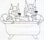  absurd_res anthro bath bathing canid canine canis duo eyes_closed fox friends happy hi_res jozefftech jozefftech_(jozefftech) male male/male mammal monochrome pen_(artwork) serdagonn_(jozefftech) simple_background tongue tongue_out traditional_media_(artwork) 