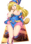 1girl absurdres arms_behind_back bare_shoulders blonde_hair blue_footwear blush blush_stickers breasts card commentary_request dark_magician_girl dress duel_monster green_eyes hat highres holding holding_staff large_breasts long_hair looking_at_viewer nipples open_mouth solo staff teeth tongue tongue_out upper_teeth wei_miao wizard_hat yu-gi-oh! 