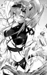  1girl :d antenna_hair arknights arm_behind_back arm_up ba_kanoko bangs bare_shoulders bikini black_bikini breasts cowboy_shot crocodilian_tail cup eyebrows_visible_through_hair gavial_(arknights) greyscale hair_between_eyes highres holding holding_cup large_breasts long_hair long_sleeves looking_at_viewer monochrome navel official_alternate_costume open_mouth pointy_ears ponytail smile solo stomach swimsuit underboob very_long_hair visor_cap 