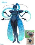  1girl absurdres antennae armor arthropod_girl blue_sclera blue_skin breasts colored_sclera colored_skin extra_arms fewer_digits hands_up highres hydrokinesis large_breasts leotard liquid_hair looking_at_viewer matilda_fiship monster_girl navel original outstretched_arms parted_lips pauldrons ponytail shoulder_armor simple_background solo spread_arms standing water white_background 