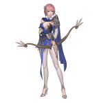  1girl armor arrow_(projectile) blue_cape blue_dress bow_(weapon) breasts brooch cape detached_sleeves dress full_body high_heels highres holding holding_arrow holding_bow_(weapon) holding_weapon jewelry karmiel long_sleeves looking_at_viewer medium_breasts original pants parted_lips pauldrons pink_hair short_dress shoulder_armor simple_background single_pauldron solo weapon white_background white_pants 