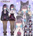  1girl :d ^_^ angel_and_devil angel_wings animal_ear_fluff animal_ears animal_on_shoulder bangs black_footwear black_hair black_jacket black_wings blue_hair breasts brown_legwear cat cat_ears closed_eyes closed_mouth commentary_request demon_wings detached_wings expressions eyebrows_visible_through_hair fang fang_out feathered_wings flower hair_between_eyes hair_bun hexagram_hair_ornament holding holding_microphone jacket kurenai_akane long_hair long_sleeves medium_breasts microphone mole mole_under_eye multicolored_hair multiple_views neck_ribbon o_o open_clothes open_jacket pantyhose project-sp purple_skirt red_eyes red_flower red_ribbon ribbon satsuki_misuzu shirt shoes side_bun skirt sleeves_past_wrists smile sparkle standing turn_pale two-tone_hair white_shirt white_wings wings 