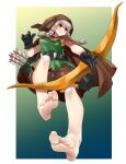  1girl arrow_(projectile) bare_legs barefoot belt blonde_hair bow_(weapon) braid breasts brown_cape brown_eyes brown_hair cape cloak dragon&#039;s_crown eiji_(eiji) elf elf_(dragon&#039;s_crown) eyebrows_visible_through_hair feet gloves hair_between_eyes highres hood long_hair looking_to_the_side medium_breasts pointy_ears quiver shorts sleeveless twin_braids weapon 