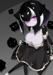  1girl black_dress black_hair blush closed_mouth colored_skin creature dress extra_arms grey_skin hazari_(solopipb) highres looking_at_viewer medium_hair multicolored_hair original purple_eyes sitting solo solopipb two-tone_hair white_hair 