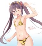  1girl akebono_(kancolle) ame-san animal_print armpits bangs bare_arms bikini breasts collarbone commentary_request dated flower gradient gradient_background hair_between_eyes hair_flower hair_ornament highres kantai_collection long_hair mamemaki navel one_eye_closed open_mouth print_bikini purple_eyes purple_hair small_breasts solo standing stomach swimsuit teeth tiger_print tiger_stripes twintails twitter_username upper_teeth yellow_bikini 