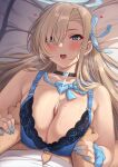  1boy 1girl absurdres asuna_(blue_archive) bangs bare_shoulders blue_archive blue_bra blue_eyes blue_ribbon blush bra breast_grab breast_squeeze breasts choker cleavage collarbone cum ejaculation grabbing hair_over_one_eye hair_ribbon halo hetero highres lace-trimmed_bra lace_trim large_breasts light_brown_hair long_hair looking_at_viewer lying momo_no_sukebe neck_ribbon on_back open_mouth paizuri penis pillow ribbon underwear 