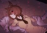  1girl agnes_tachyon_(umamusume) ahoge animal_ears blush brown_necktie brown_sweater hair_between_eyes horse_ears labcoat looking_at_viewer lying necktie on_back on_bed parted_lips red_eyes short_necktie sleeves_past_fingers sleeves_past_wrists solo solopipb sweater umamusume 