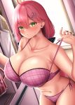  1girl absurdres ahoge bangs bare_arms blush bra breasts changing_clothes cleavage collarbone commentary eyebrows_visible_through_hair green_eyes hair_between_eyes hair_ornament hair_ribbon highres hololive huge_breasts kusana_(dudqja602) long_hair looking_at_viewer nail_polish navel panties pink_bra pink_hair pink_panties ribbon sakura_miko side-tie_panties solo standing strap_pull underwear virtual_youtuber 