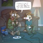  angry anthro antlers barefoot beverage bottomwear canid carpet cervid chips_(food) clothed clothing controller cookie darwin_(tinydeerguy) duo feet food footwear furniture game_controller gaming hi_res horn humor lamp living_room male mammal matt_riskely pants shirt sitting snacks socks soda soda_bottle sofa tinydeerguy topwear video_games 