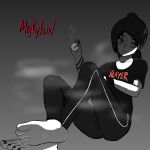  artist_name barefoot black_hair black_legwear bracelet cigarette feet freckles gradient gradient_background jewelry mejkysun original ponytail sad self_upload shadow slayer_(band) smoking toes 