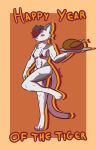  abs absurd_res anthro bikini chinese_zodiac clothed clothing digital_media_(artwork) felid female food hi_res holding_object mammal muscular muscular_female nokamiwd pantherine simple_background smile solo swimwear text thick_thighs tiger year_of_the_tiger 