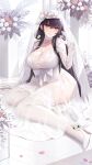  1girl alexiel_(pixiv6211566) azuma_(azur_lane) azur_lane bangs blush breasts bridal_veil cleavage collarbone dress highres large_breasts long_hair looking_at_viewer sitting thighs veil white_dress 