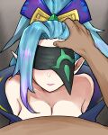  1boy 1girl absurdres asymmetrical_bangs bangs bare_shoulders black_blindfold blindfold blush bow breasts cleavage collarbone facing_viewer from_above gradient gradient_background green_hair grey_background hair_bow hand_on_another&#039;s_head highres league_of_legends long_hair looking_up pointy_ears ponytail pov shiny shiny_hair spirit_blossom_vayne vayne_(league_of_legends) wei_miao 