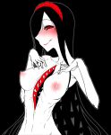  1girl black_hair blush breasts chest_mouth colored_skin completely_nude extra_mouth hair_over_one_eye half-closed_eyes hands_up horror_(theme) long_hair looking_at_viewer maid_headdress medium_breasts monochrome nipples nude one_eye_covered original red_eyes red_theme simple_background smile solo solopipb white_background white_skin 