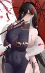  1girl absurdres azur_lane bare_shoulders black_dress black_gloves black_hair bracelet breasts china_dress chinese_clothes closed_mouth collarbone covered_navel demon_horns dress earrings elbow_gloves eyebrows_visible_through_hair falling_petals friedrich_der_grosse_(azur_lane) fur_scarf gloves hair_between_eyes hair_ornament hair_over_one_eye highres holding holding_umbrella horns jewelry large_breasts larger_bmx long_bangs long_hair looking_at_viewer one_eye_closed petals red_horns side-tie_dress single_elbow_glove smile solo tassel tassel_earrings umbrella very_long_hair yellow_eyes 