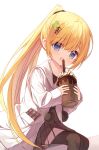  1girl :d bangs black_legwear blonde_hair blue_eyes blush brown_shirt brown_skirt candy chocolate chocolate_bar clover_hair_ornament collared_shirt commentary_request cup drinking_straw eyebrows_visible_through_hair feet_out_of_frame flower_girl_(yuuhagi_(amaretto-no-natsu)) food four-leaf_clover_hair_ornament hair_between_eyes hair_ornament hairclip holding holding_cup jacket long_hair looking_at_viewer open_clothes open_jacket original pantyhose pleated_skirt ponytail shirt skirt smile solo very_long_hair white_background white_jacket x_hair_ornament yuuhagi_(amaretto-no-natsu) 