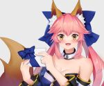  1girl animal_ear_fluff animal_ears artist_request bare_shoulders blue_kimono blue_ribbon blush breasts cleavage detached_sleeves eyebrows_visible_through_hair fang fate/extella fate/extra fate/extra_ccc fate/grand_order fate_(series) fox_ears fox_girl fox_tail hair_ribbon japanese_clothes kimono large_breasts looking_at_viewer open_mouth pink_hair ribbon simple_background solo tail tamamo_(fate) tamamo_no_mae_(fate/extra) white_background yellow_eyes 