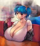  1girl bangs black_jacket breasts cleavage collarbone cup drinking_straw erkaz eyebrows_visible_through_hair head_tilt highres holding holding_cup huge_breasts jacket looking_at_viewer off_shoulder original red_eyes rina_atherina shirt short_hair sitting smile solo twintails white_shirt 