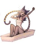  1girl absurdres animal_ears bandages bangs blunt_bangs breasts cat_ears closed_eyes dark-skinned_female dark_skin english_commentary fangs ghastet_(matilda_fiship) highres long_hair matilda_fiship medium_breasts monster_girl open_mouth original outstretched_arm simple_background sitting solo stretch striped_tail tail waking_up white_background yawning 