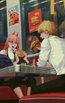  &gt;:) +_+ 1boy 1girl black_necktie black_pants blonde_hair blue_jacket booth_seating burger chainsaw_man collared_shirt commentary demon_horns denji_(chainsaw_man) elbow_rest english_commentary feet_out_of_frame food hair_between_eyes highres holding holding_food horns indoors jacket ketchup_bottle leedare614 long_hair looking_at_food necktie off_shoulder open_mouth orange_eyes pants pink_hair pochita_(chainsaw_man) poster_(object) power_(chainsaw_man) red_horns reflection restaurant sharp_teeth shirt short_hair sitting table teeth v-shaped_eyebrows white_shirt window 