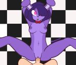  absurd_res anthro bodily_fluids bonnie_(fnaf) bow_tie breasts checkered_background duo faceless_character faceless_male female first_person_view five_nights_at_freddy&#039;s genital_fluids genitals hi_res human human_on_anthro interspecies lagomorph leporid looking_at_viewer lying male male/female male_pov mammal nude on_back open_mouth pattern_background penetration penis pussy pussy_juice rabbit scottgames shnuzzlez simple_background spread_legs spreading vaginal vaginal_penetration video_games 