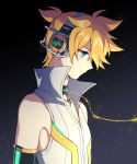  1boy akiyoshi_(tama-pete) blonde_hair choker detached_sleeves earphones from_side green_eyes kagamine_len kagamine_len_(append) male_focus sleeveless solo vocaloid vocaloid_append 