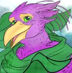  anthro avian beak bird clothing feathered_crest feathers galliform green_eyes gyro_feather head_crest male peafowl phasianid pink_body portrait scarf solo story_trail 