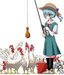  1girl aiu404l ayanami_rei bangs black_legwear blood blue_hair broken_egg buckle character_doll eyepatch fishing_rod fried_chicken green_skirt hat hat_ribbon highres holding holding_fishing_rod neck_ribbon neon_genesis_evangelion red_eyes red_ribbon ribbon shirt short_hair simple_background skirt socks solo standing straw_hat white_background 