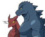  2021 beak duo fangs girl_staring_at_man&#039;s_chest godzilla godzilla_(series) grey_body kaiju lizardman_(artist) looking_at_chest looking_at_muscles looking_surprised male meme monster muscular muscular_male orange_eyes pecs pterosaur pupils red_body reptile rodan_(toho) scalie semi-anthro side_view small_pupils spinal_plates surprised_expression toho yellow_sclera 