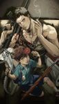  2boys absurdres assault_rifle blood blood_on_clothes blood_splatter candy character_request child commentary_request food gun highres holding holding_gun holding_weapon lollipop looking_at_viewer looking_up male_focus mechanical_arms multiple_boys muscular muscular_male one-punch_man rifle short_hair shorts single_mechanical_arm smoking thisuserisalive weapon 